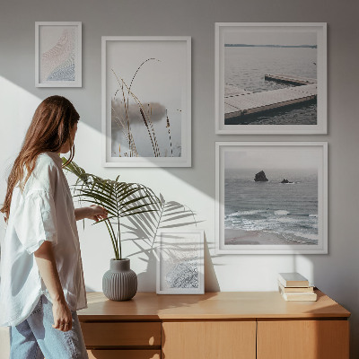 5 paveikslų rinkinys su rėmais Minimalistiniai jūros peizažai