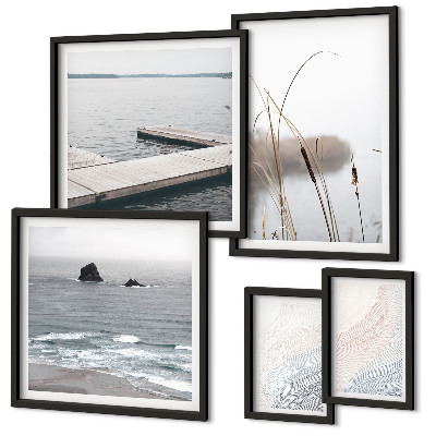 5 paveikslų rinkinys su rėmais Minimalistiniai jūros peizažai