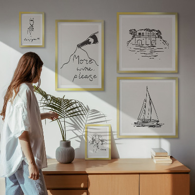 5 paveikslų rinkinys su rėmais Stilingas vyno grafikos atsipalaidavimas