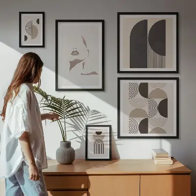 Stilingi geometriniai portretai 5 paveikslų rinkinys su rėmais