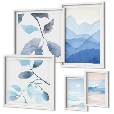 5 paveikslų rinkinys su rėmais Gamtos mėlyna minimalistinė