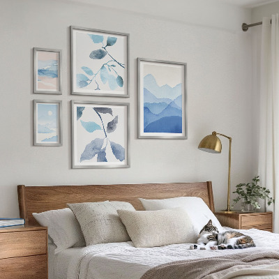 5 paveikslų rinkinys su rėmais Gamtos mėlyna minimalistinė