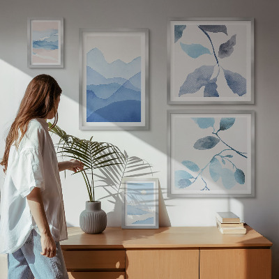 5 paveikslų rinkinys su rėmais Gamtos mėlyna minimalistinė