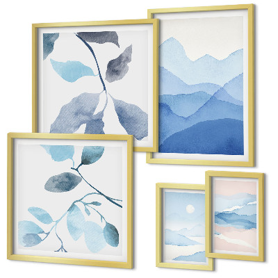5 paveikslų rinkinys su rėmais Gamtos mėlyna minimalistinė