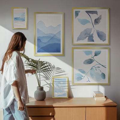 5 paveikslų rinkinys su rėmais Gamtos mėlyna minimalistinė