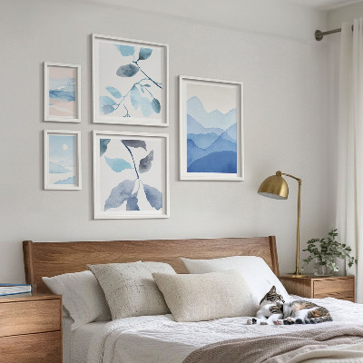 5 paveikslų rinkinys su rėmais Gamtos mėlyna minimalistinė