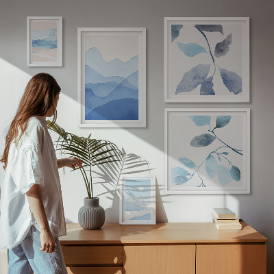 5 paveikslų rinkinys su rėmais Gamtos mėlyna minimalistinė