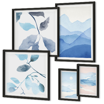 5 paveikslų rinkinys su rėmais Gamtos mėlyna minimalistinė