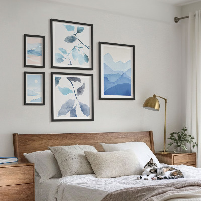 5 paveikslų rinkinys su rėmais Gamtos mėlyna minimalistinė