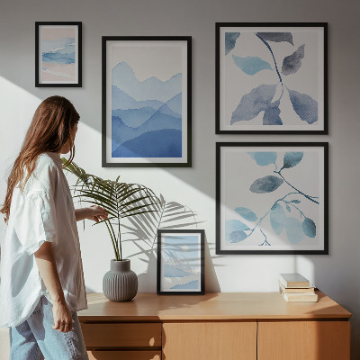 5 paveikslų rinkinys su rėmais Gamtos mėlyna minimalistinė