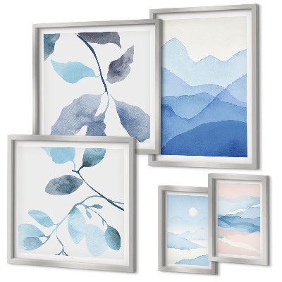 5 paveikslų rinkinys su rėmais Gamtos mėlyna minimalistinė