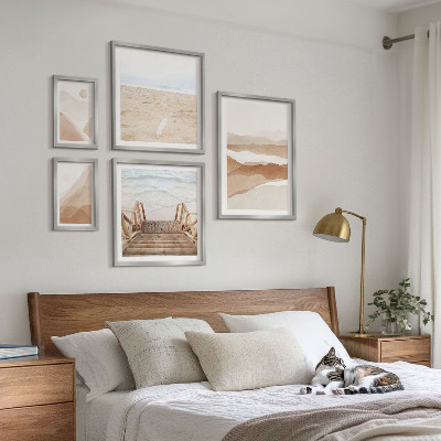 Paveikslų rinkinys miegamajam Minimalistiniai paplūdimiai ir kalnai