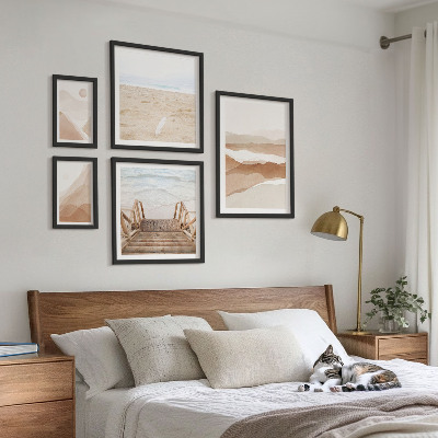 Paveikslų rinkinys miegamajam Minimalistiniai paplūdimiai ir kalnai