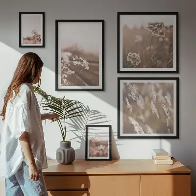 Sieninė paveikslų galerija subtilaus gėlių motyvo