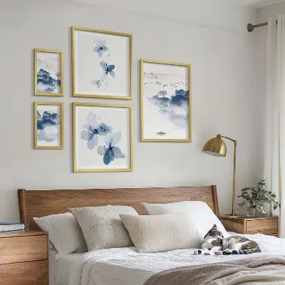 5 paveikslų rinkinys su rėmais peizažai su gėlėmis ir vandeniu
