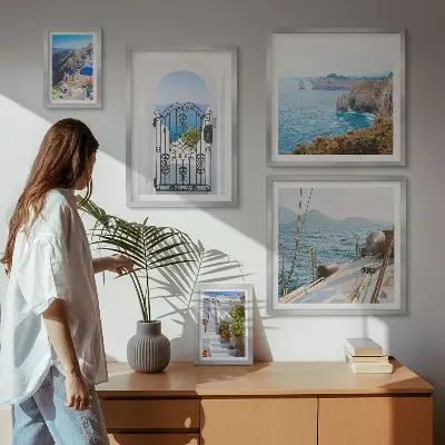 Paveikslų rinkinys miegamajam su Graikijos jūros architektūros peizažais