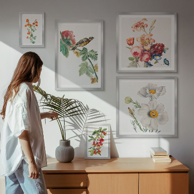 Sieninė paveikslų galerija Gėlių paukščių vintažinės dekoracijos