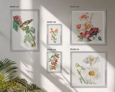 Sieninė paveikslų galerija vintažinės gėlių ir paukščių dekoracijos