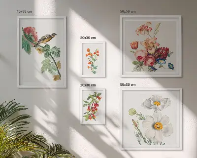 Sieninė paveikslų galerija vintažinės gėlių ir paukščių dekoracijos