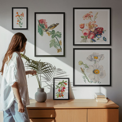 Sieninė paveikslų galerija Gėlių paukščių vintažinės dekoracijos