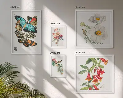 Sieninė paveikslų galerija su gėlių, drugelių ir paukščių vintažinėmis dekoracijomis
