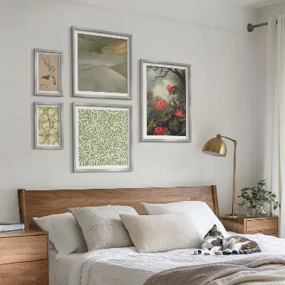 5 paveikslų rinkinys su rėmais gėlės, paukščiai ir natūralūs motyvai