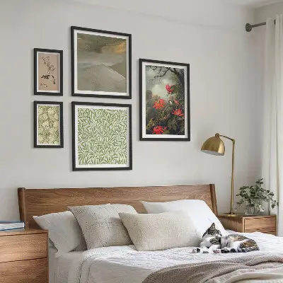 5 paveikslų rinkinys su rėmais gėlės, paukščiai ir natūralūs motyvai