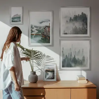 5 paveikslų rinkinys su rėmais kalnų peizažai su nameliais ir vandeniu