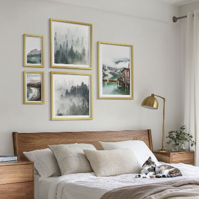 5 paveikslų rinkinys su rėmais Kalnų peizažai, nameliai, vanduo