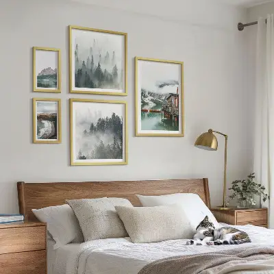 5 paveikslų rinkinys su rėmais kalnų peizažai su nameliais ir vandeniu