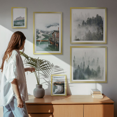 5 paveikslų rinkinys su rėmais Kalnų peizažai, nameliai, vanduo