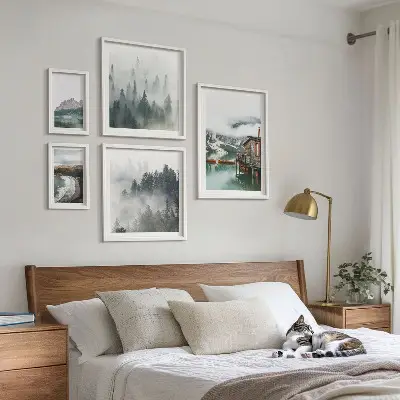 5 paveikslų rinkinys su rėmais kalnų peizažai su nameliais ir vandeniu