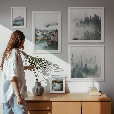 5 paveikslų rinkinys su rėmais Kalnų peizažai, nameliai, vanduo