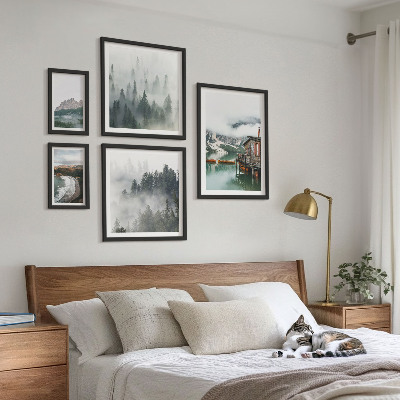 5 paveikslų rinkinys su rėmais Kalnų peizažai, nameliai, vanduo