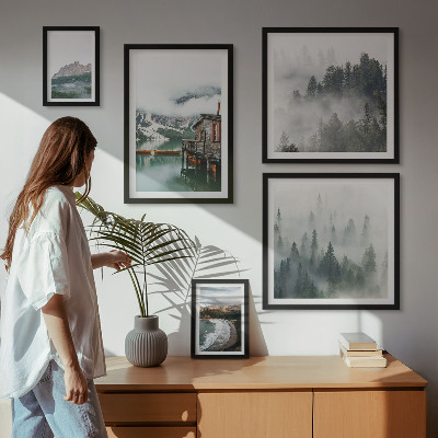 5 paveikslų rinkinys su rėmais Kalnų peizažai, nameliai, vanduo