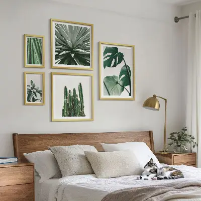 Žaliųjų tropinių kambarinių augalų 5 paveikslų rinkinys su rėmais