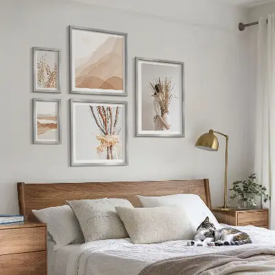 Paveikslų rinkinys miegamajam stilingi boho stiliaus augalų peizažai