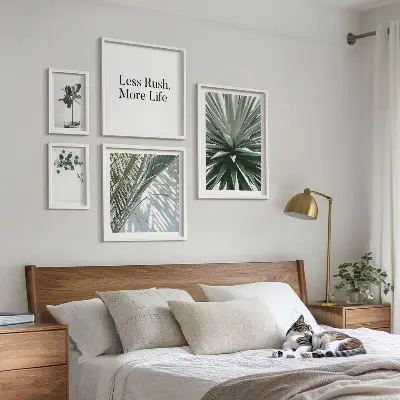 5 paveikslų rinkinys su rėmais modernūs žalių lapų motyvai