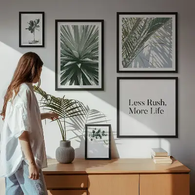 5 paveikslų rinkinys su rėmais modernūs žalių lapų motyvai