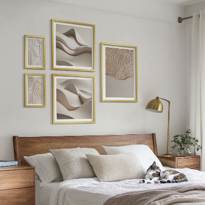 5 paveikslų rinkinys su rėmais Abstraktūs smėlio spalvos raštai