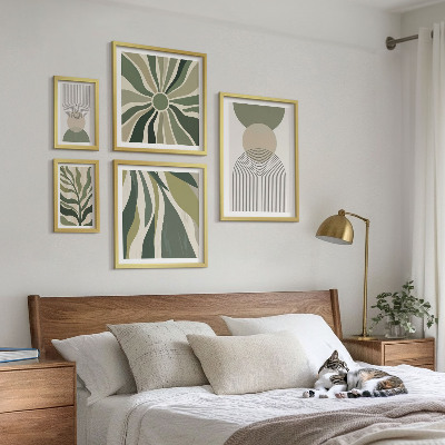 5 paveikslų rinkinys su rėmais Stilingos abstrakcijos su žaluma