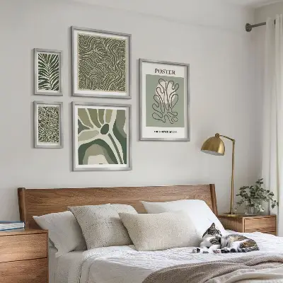 5 paveikslų rinkinys su rėmais abstrakčios boho stiliaus augalų formos
