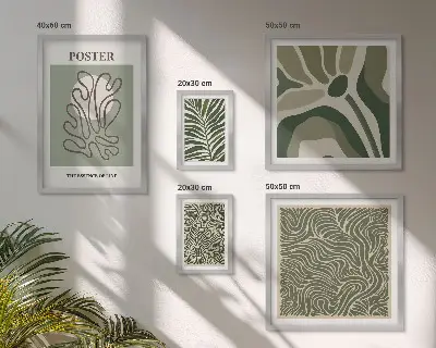 5 paveikslų rinkinys su rėmais abstrakčios boho stiliaus augalų formos
