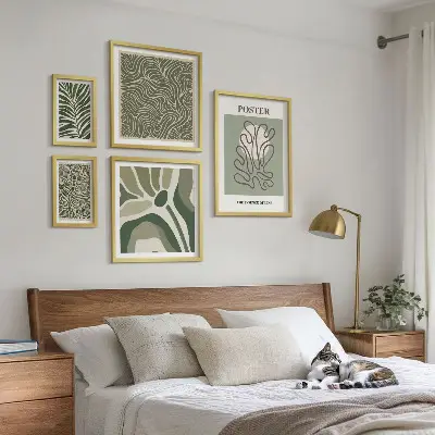 5 paveikslų rinkinys su rėmais abstrakčios boho stiliaus augalų formos