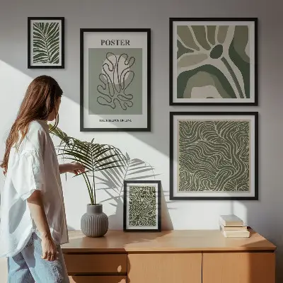 5 paveikslų rinkinys su rėmais abstrakčios boho stiliaus augalų formos