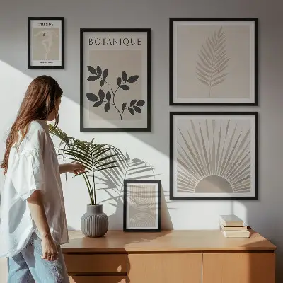 Paveikslų rinkinys miegamajam stilingos gėlių ir geometrinių raštų dekoracijos