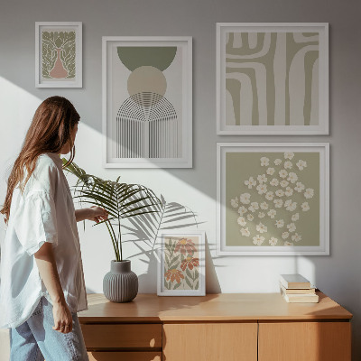 Paveikslų rinkinys miegamajam Stilinga pastelinė augalų grafika