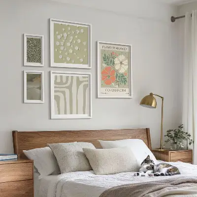 5 paveikslų rinkinys su rėmais augalų motyvai ir boho raštai