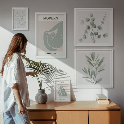 Paveikslų rinkinys miegamajam Stilinga augalų ir abstrakčių spalvų grafika