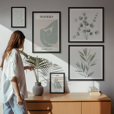 Paveikslų rinkinys miegamajam Stilinga augalų ir abstrakčių spalvų grafika
